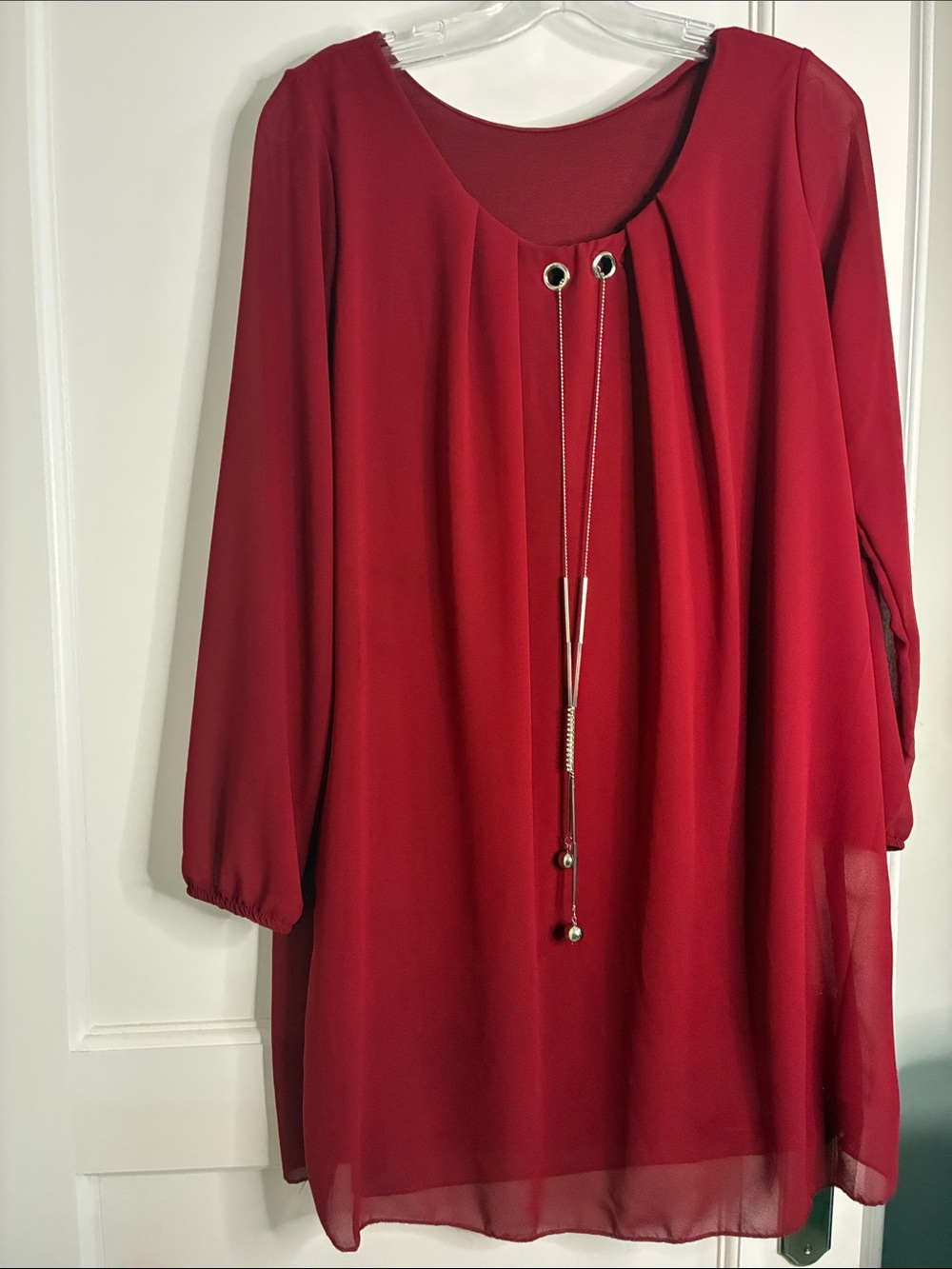 Burgundy Chiffon Long Sleeve Mini Shift Dress Silver Pendant Detail šµMT